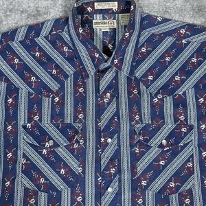 Vintage Sheplers‎ Shirt Men's Large Blue Floral Pearl Snap Short Sleeve Western